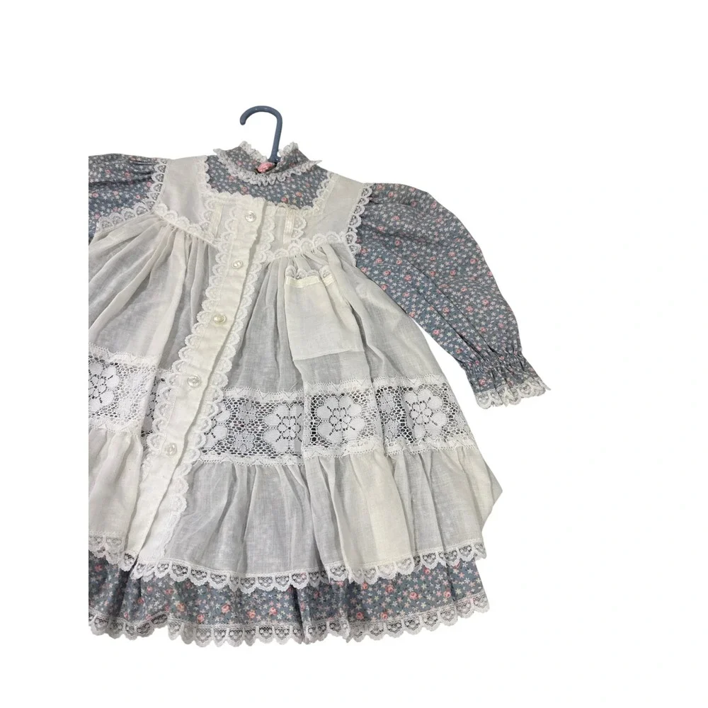 VTG Bryan Toddler Girls Floral Prairie Dress with White Lace Pinafore Apron 2T